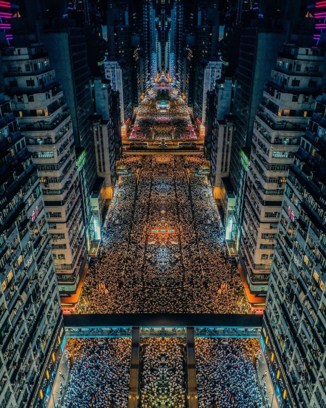 Mirrored and cropped aerial view of the protest at night